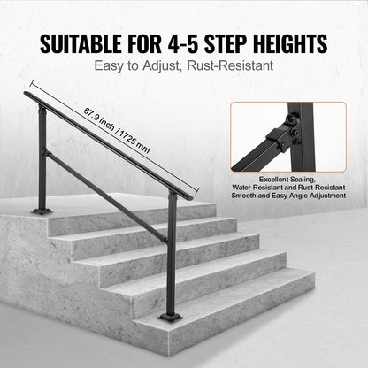 Adjustable Outdoor Wrought Iron Stair Handrail Kit for 0-5 Steps, Black