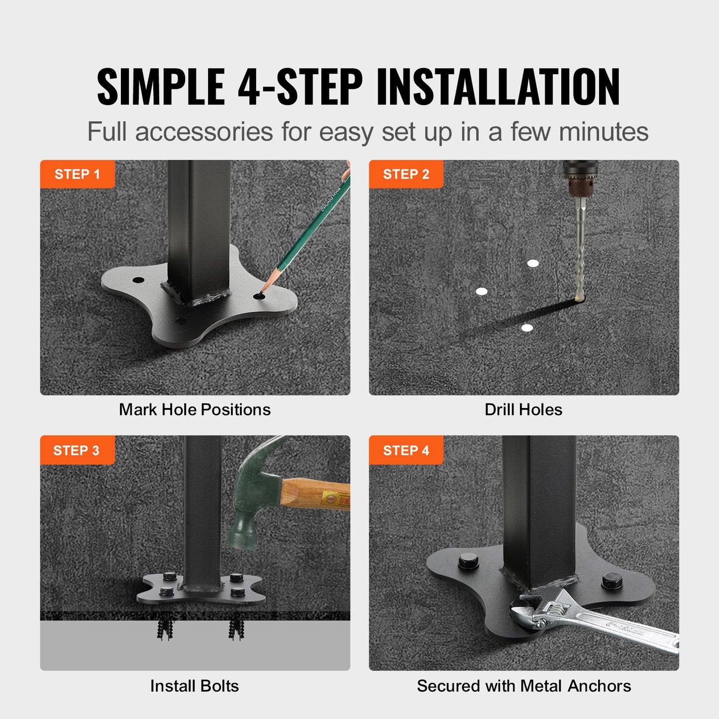 VEVOR Iron Handrail Stair Railing Hand Rail Kit Fit for 0-4 Steps Outdoor Black