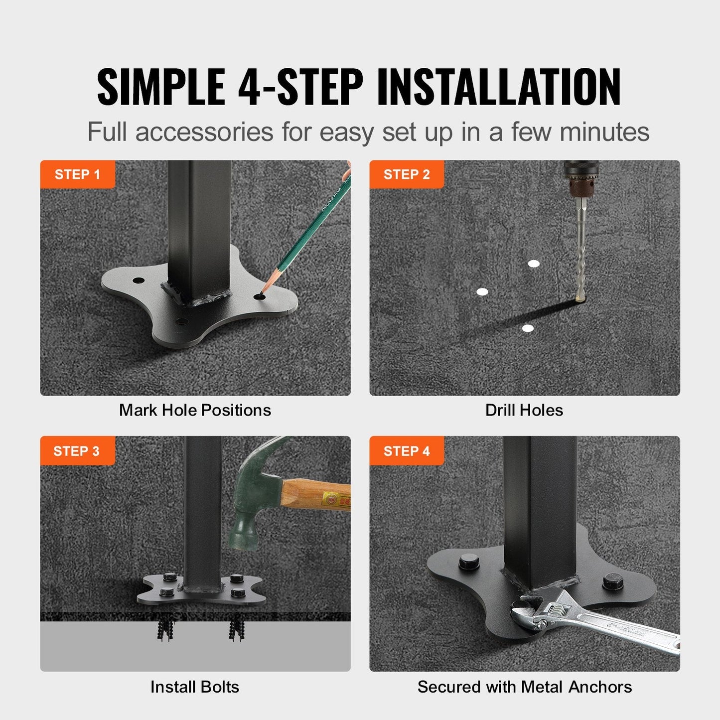 Adjustable Outdoor Wrought Iron Stair Handrail Kit for 0-5 Steps, Black