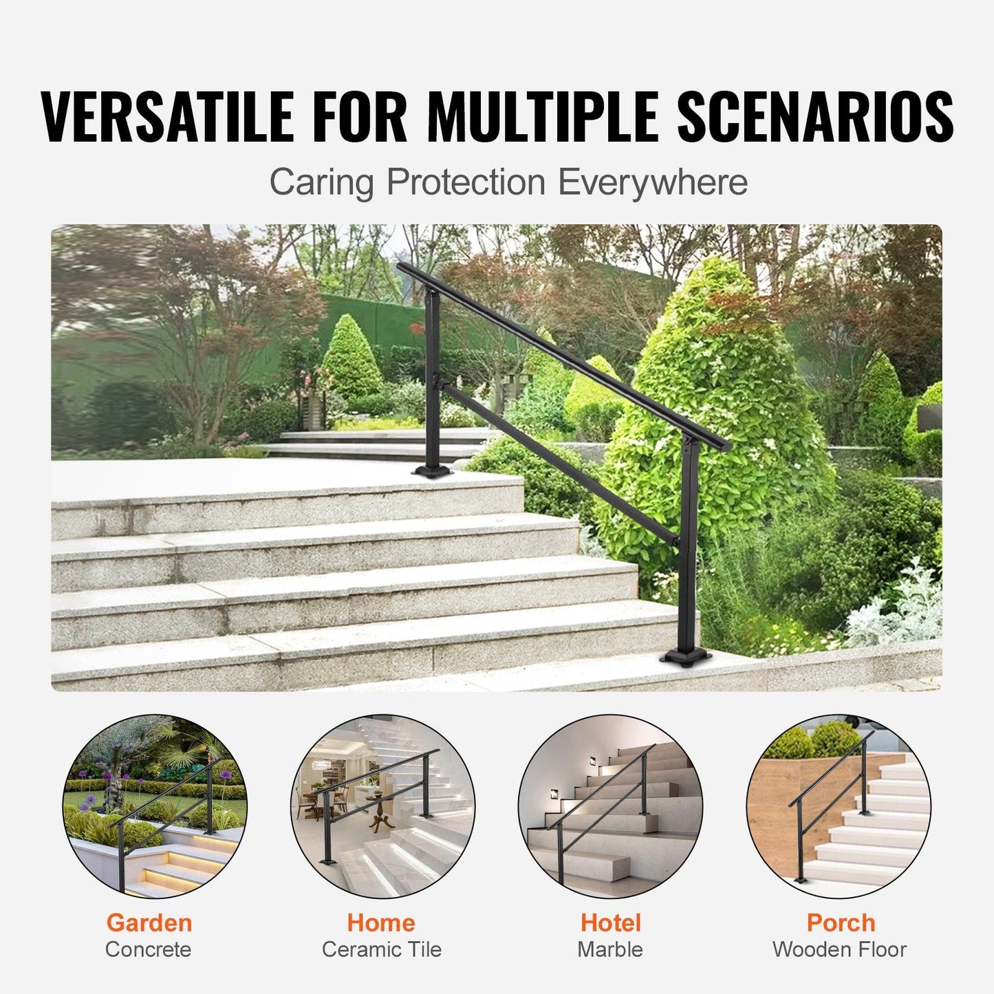 Adjustable Outdoor Wrought Iron Stair Handrail Kit for 0-5 Steps, Black