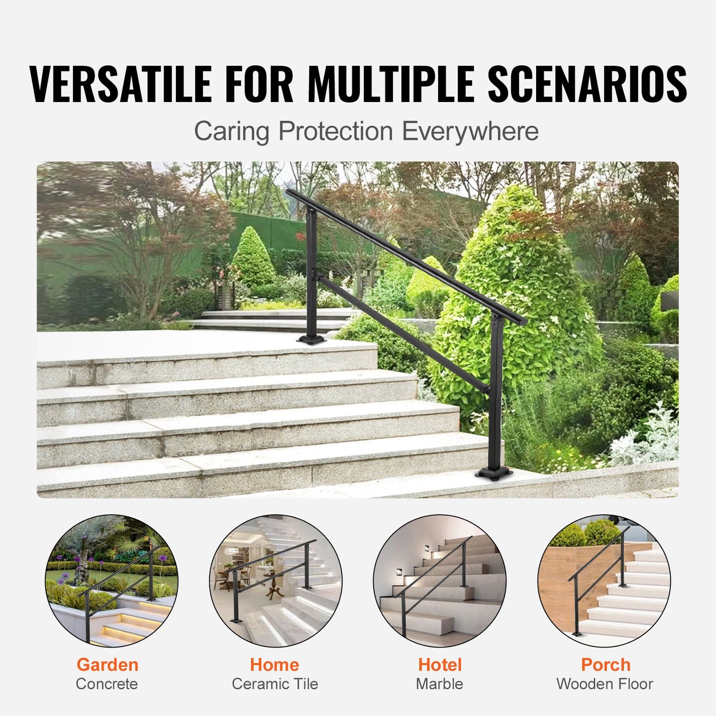 VEVOR Iron Handrail Stair Railing Hand Rail Kit Fit for 0-4 Steps Outdoor Black