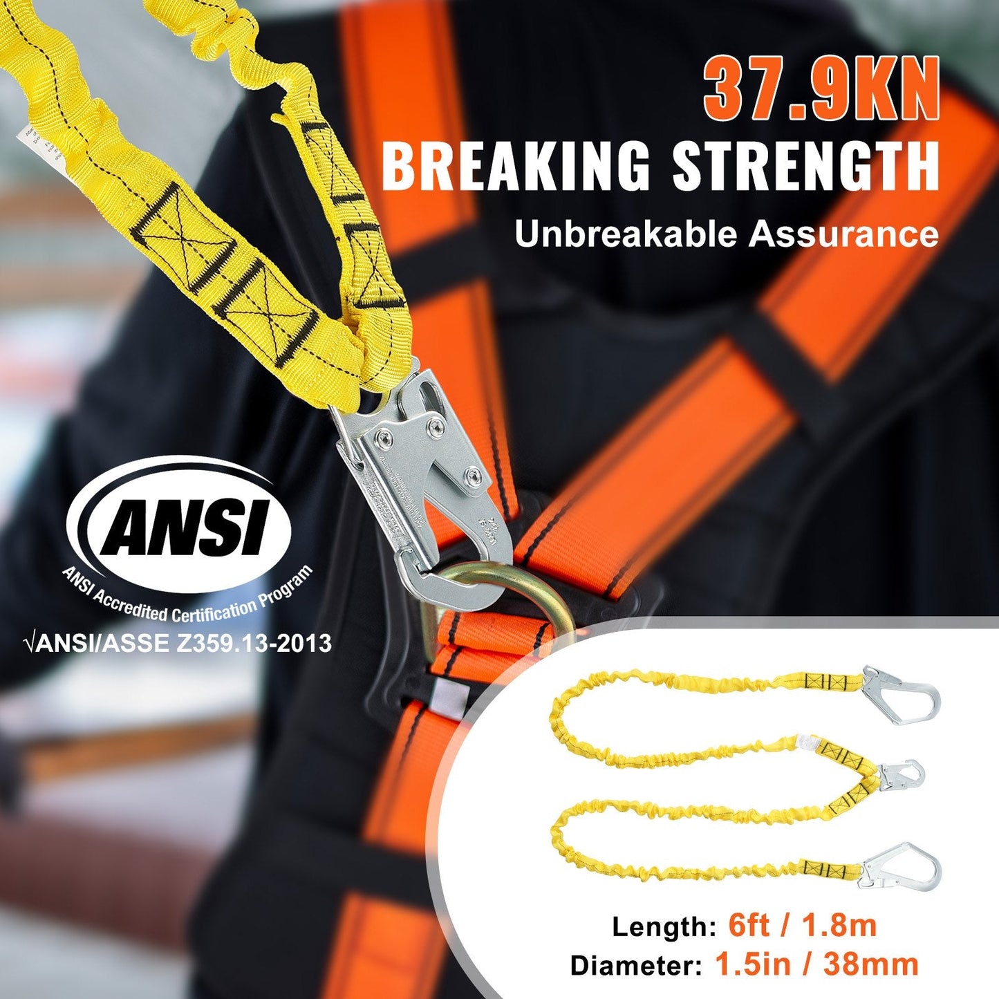 38mm Safety Lanyard 1.83m, Dual Hooks, Shock Absorbing, Yellow, ANSI Certified