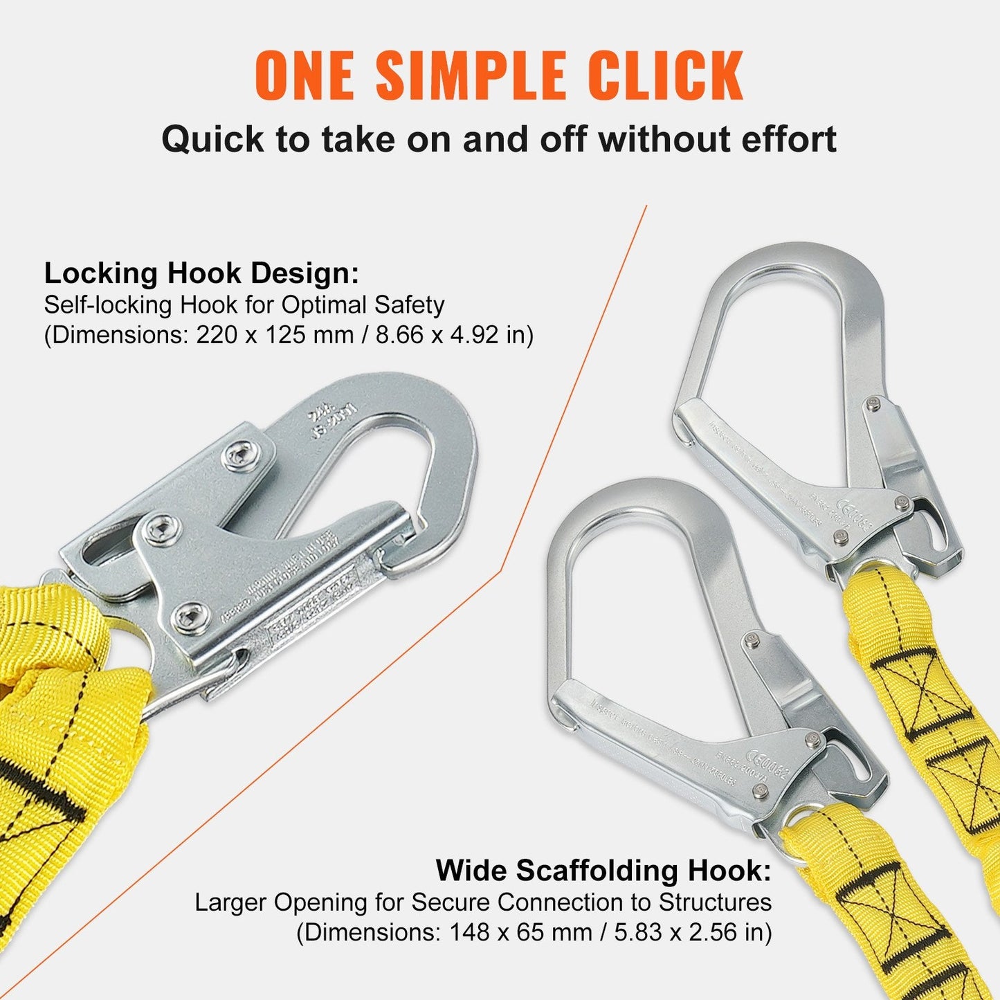 38mm Safety Lanyard 1.83m, Dual Hooks, Shock Absorbing, Yellow, ANSI Certified