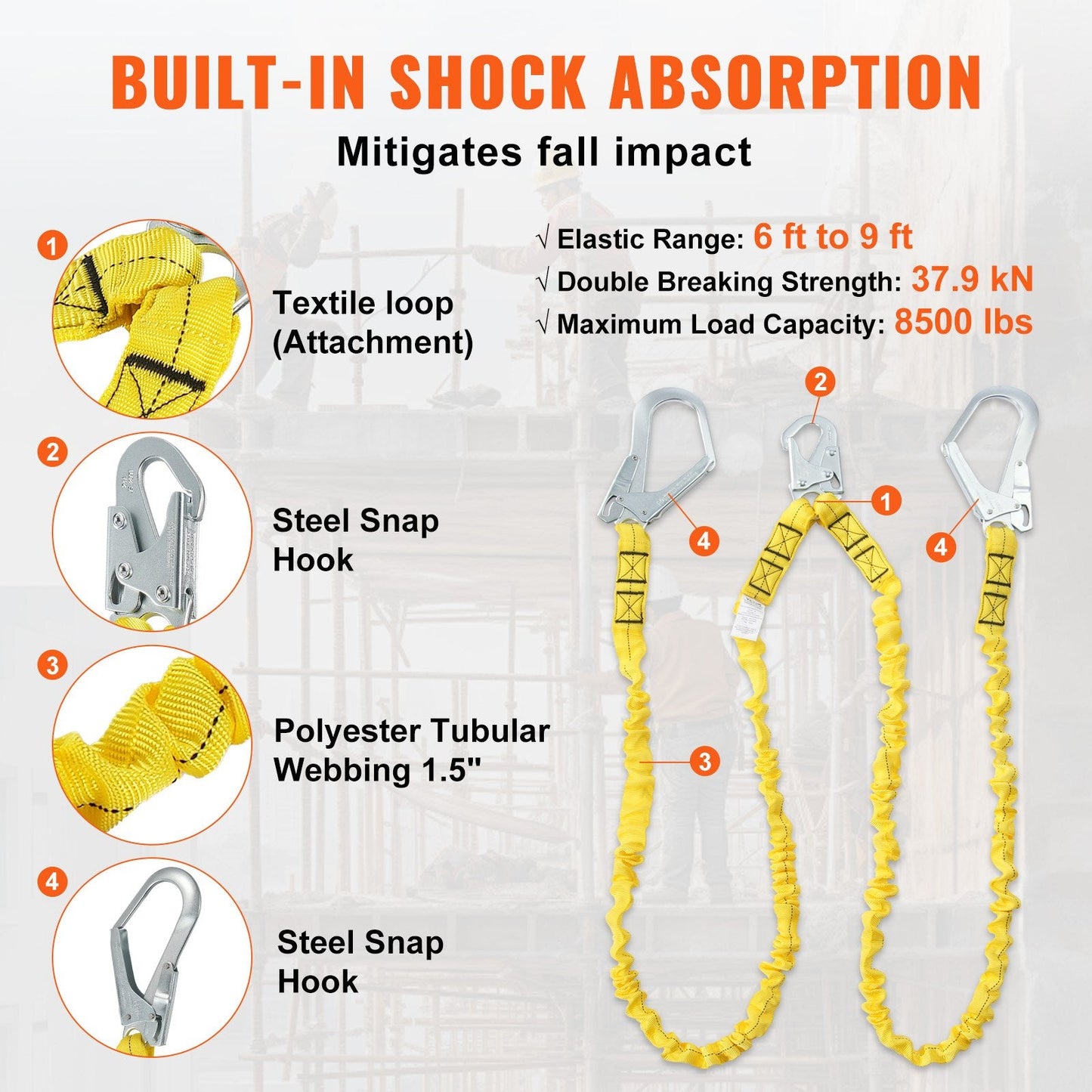 38mm Safety Lanyard 1.83m, Dual Hooks, Shock Absorbing, Yellow, ANSI Certified