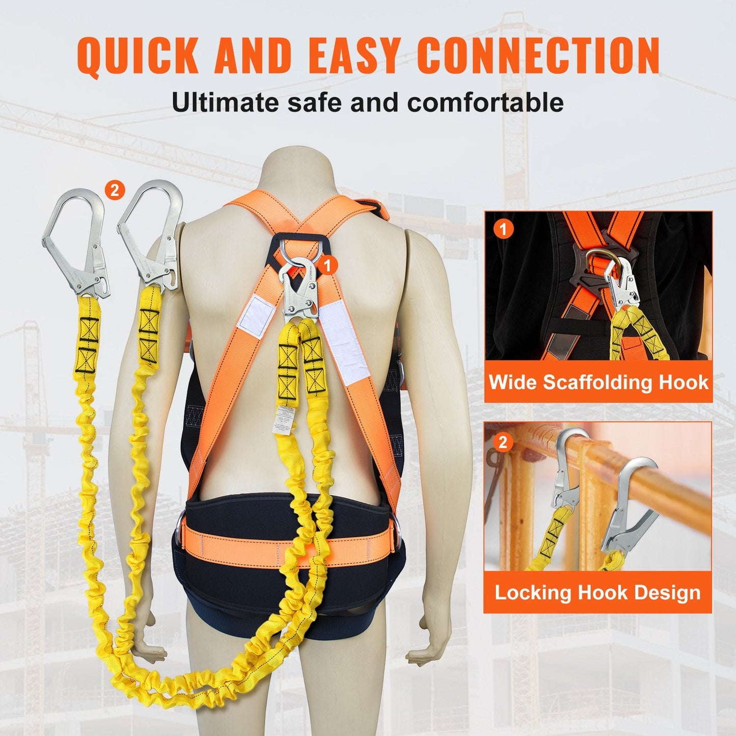 38mm Safety Lanyard 1.83m, Dual Hooks, Shock Absorbing, Yellow, ANSI Certified