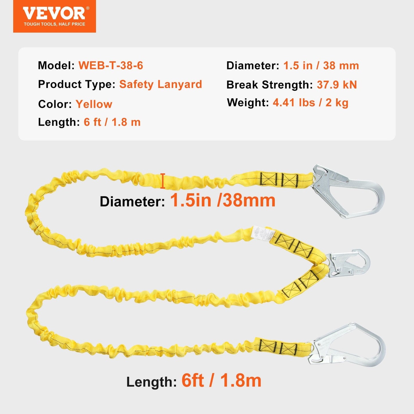 38mm Safety Lanyard 1.83m, Dual Hooks, Shock Absorbing, Yellow, ANSI Certified