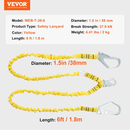38mm Safety Lanyard 1.83m, Dual Hooks, Shock Absorbing, Yellow, ANSI Certified