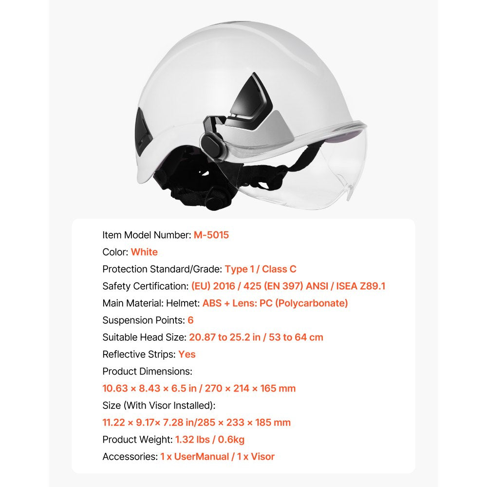 Industrial Safety Helmet with Visor & 6-Point Ratchet Suspension Hard Hat
