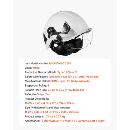 Industrial Safety Helmet with Visor & Earmuffs Adjustable Vented Hardhat