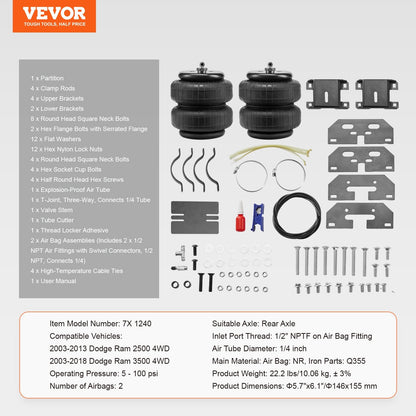 Air Springs Suspension Kit for Dodge Ram 2500/3500 4WD, 2.3 Metric Ton Load