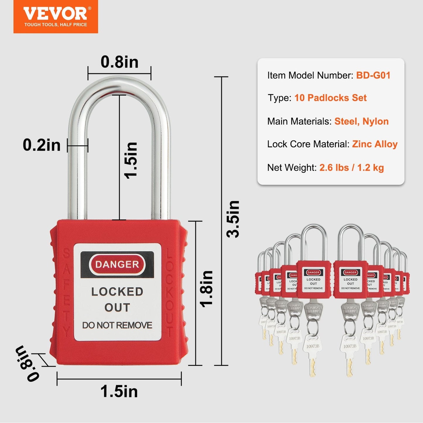 10-Piece Red Safety Padlock Set, Dual-Side Lock, with 2 Keys Each, OSHA Compliant