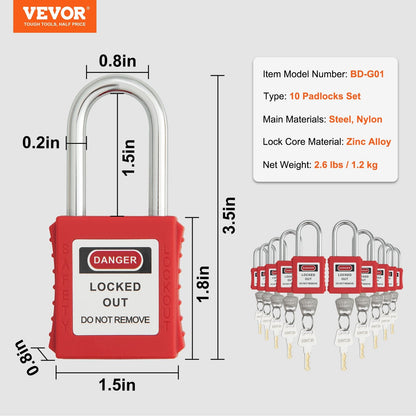 10-Piece Red Safety Padlock Set, Dual-Side Lock, with 2 Keys Each, OSHA Compliant