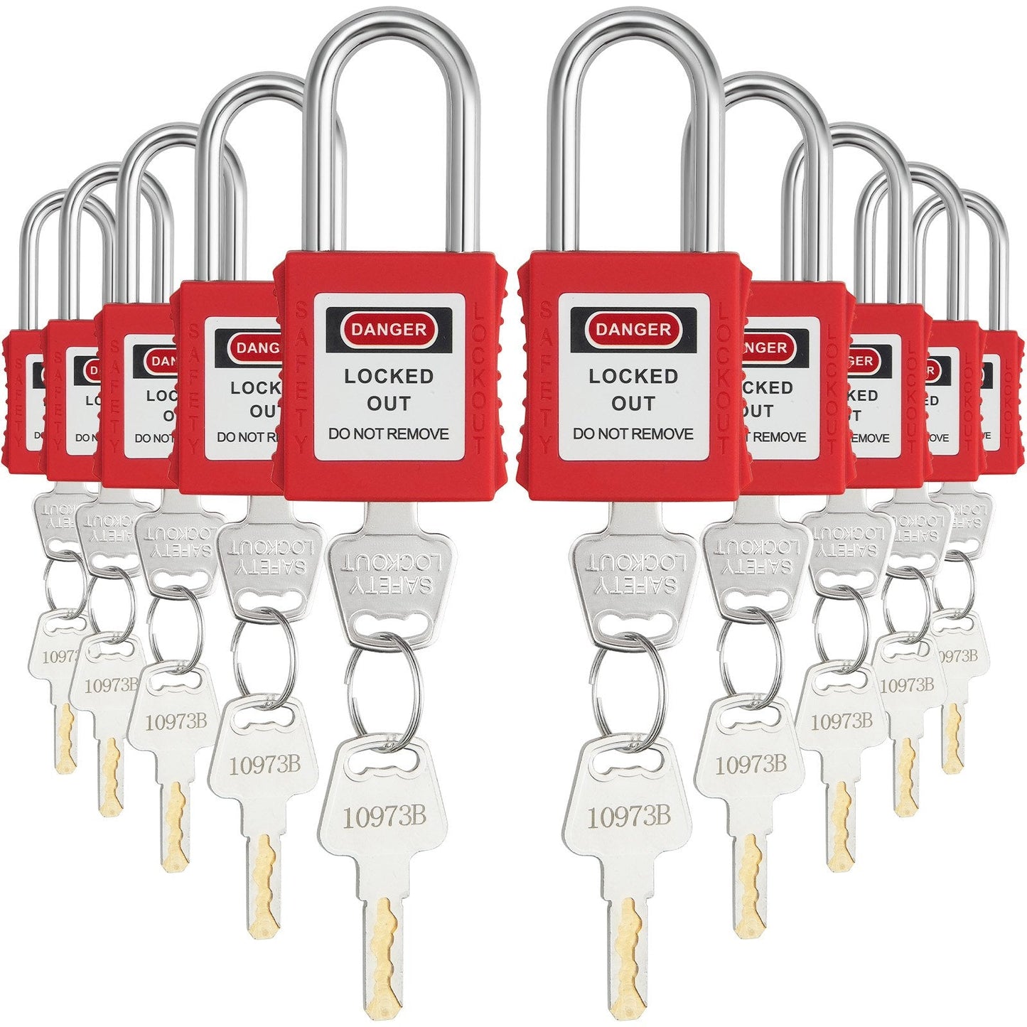 10-Piece Red Safety Padlock Set, Dual-Side Lock, with 2 Keys Each, OSHA Compliant