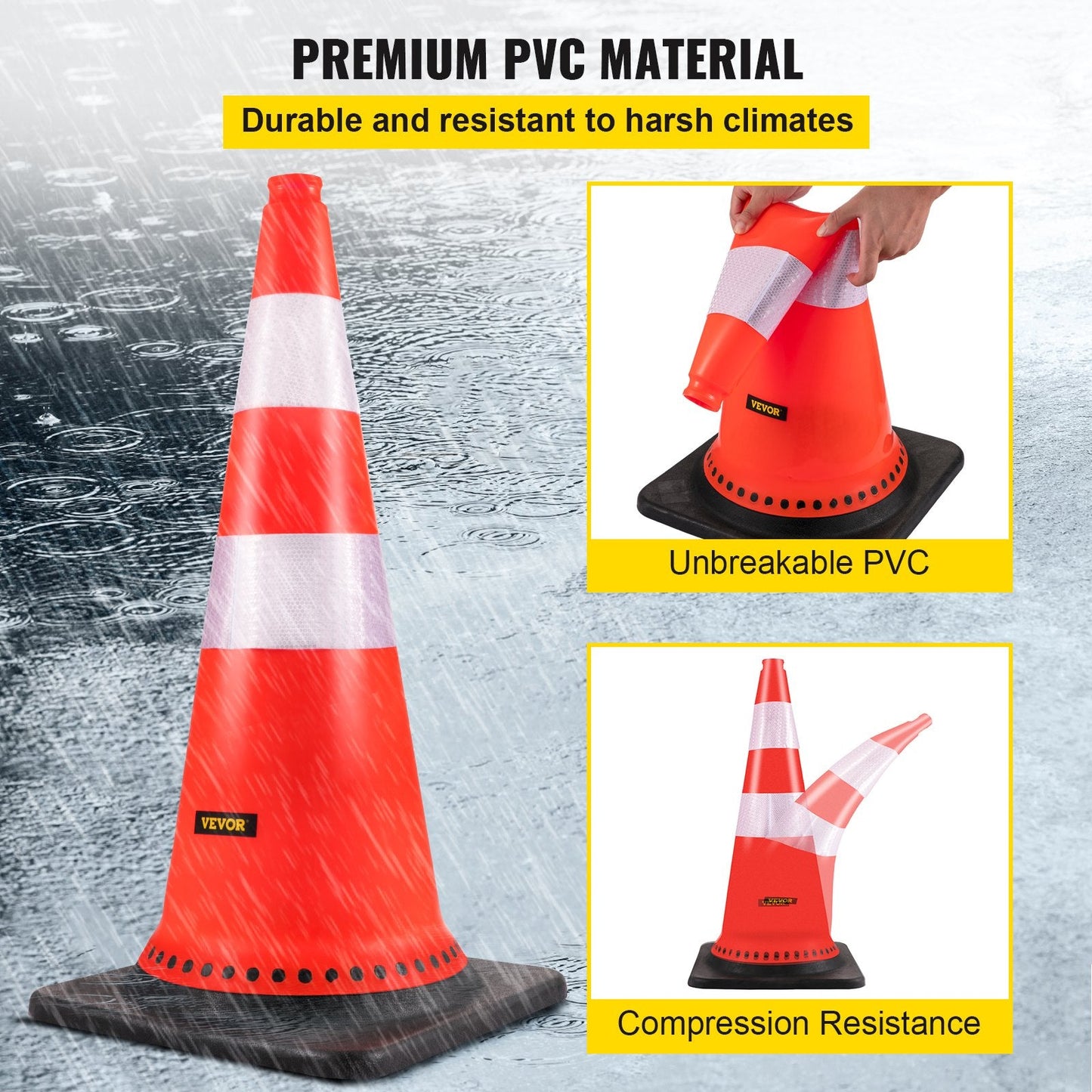 Reflective 0.75m Safety Cones, Pack of 8, with Weighted Base for Traffic Control