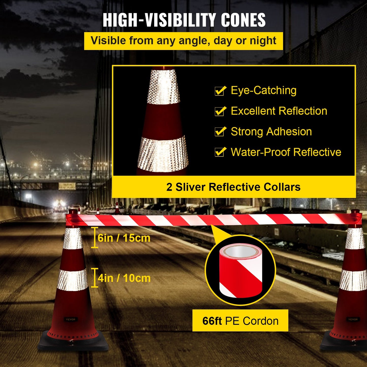 VEVOR Safety Cones, 8 x 30" Traffic Cones, PVC Orange Construction Cones, Reflective