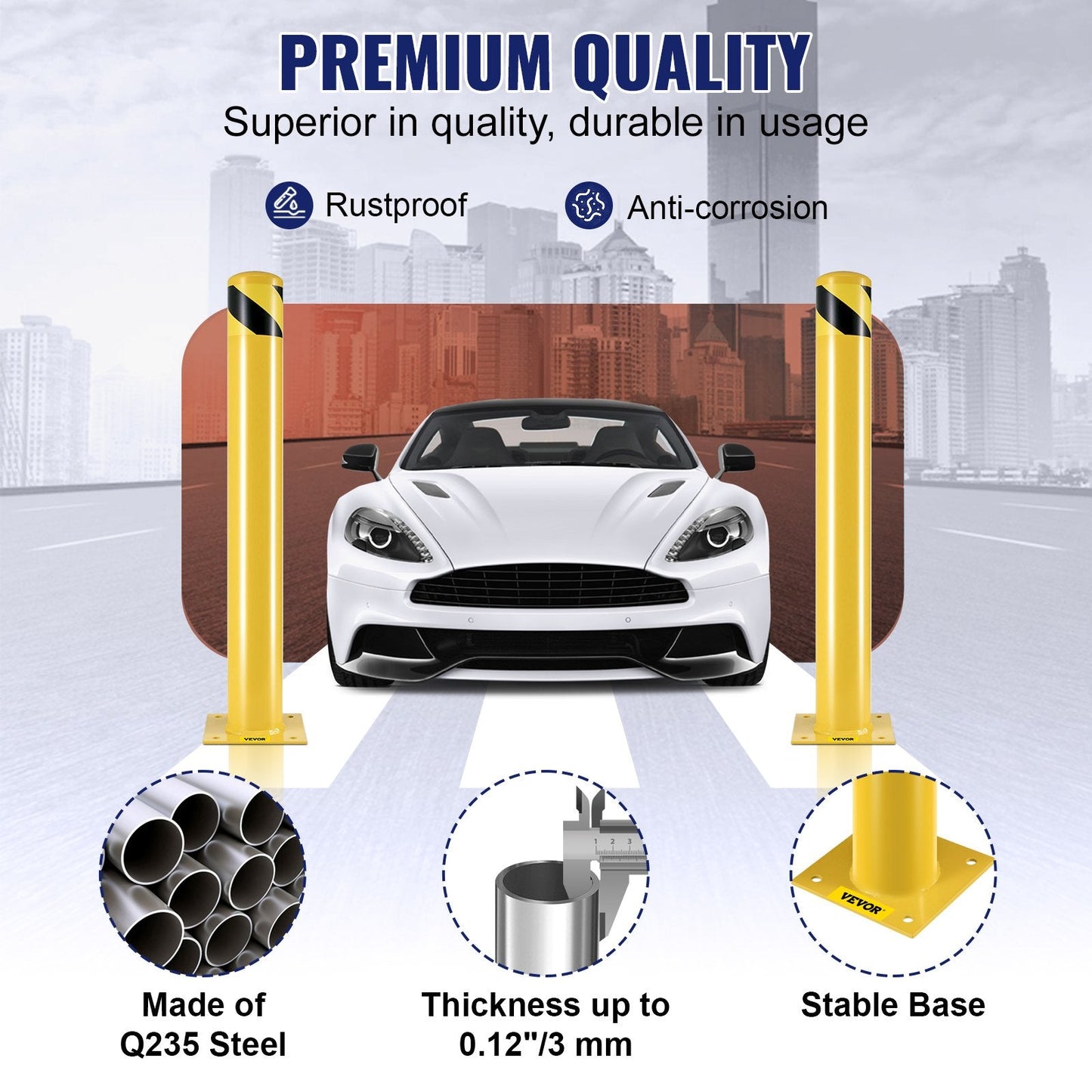 Steel Safety Bollard Post, Yellow & Black, 0.91m Tall, 11.4cm Diameter, Set of 2