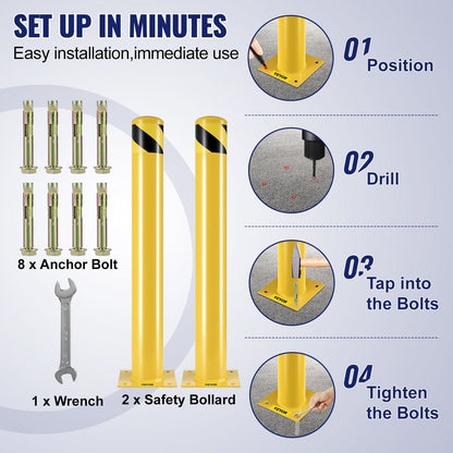 Steel Safety Bollard Post, Yellow & Black, 0.91m Tall, 11.4cm Diameter, Set of 2