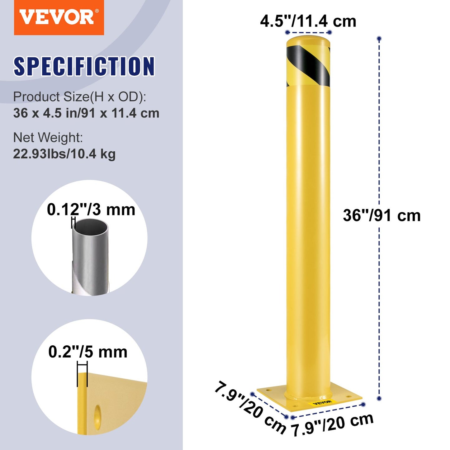 VEVOR Safety Bollard Steel Bollard Post Yellow Pipe Steel Barrier 36" H 4.5" D