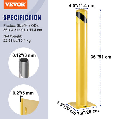 VEVOR Safety Bollard Steel Bollard Post Yellow Pipe Steel Barrier 36" H 4.5" D
