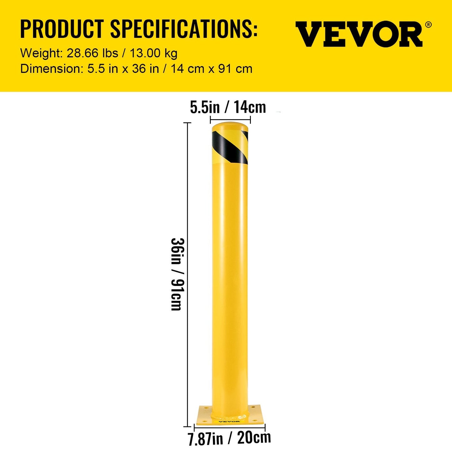 Steel Safety Bollard, 91cm Height, 14cm Diameter, Yellow & Black, 13kg, 2 Pack