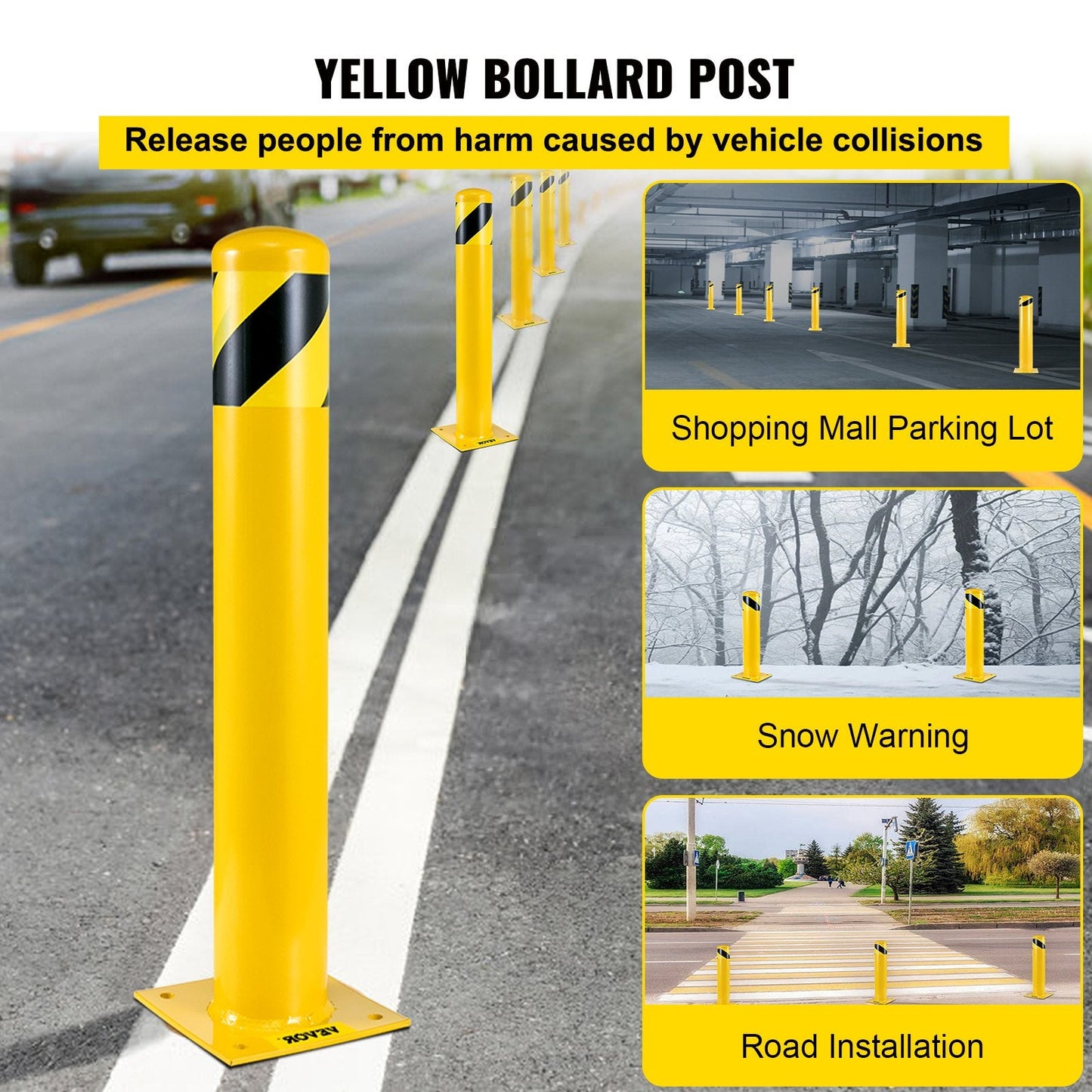 Yellow Steel Safety Bollard, 1.22m Height, 11cm Diameter, with Anchor Bolts