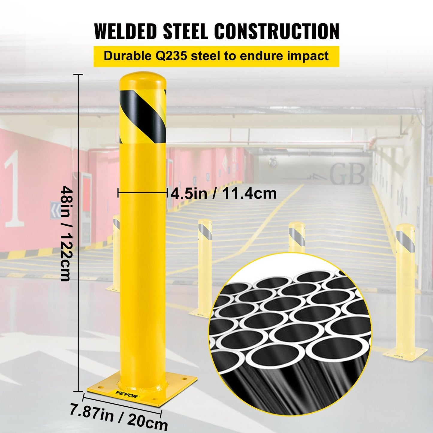 Yellow Steel Safety Bollard, 1.22m Height, 11cm Diameter, with Anchor Bolts
