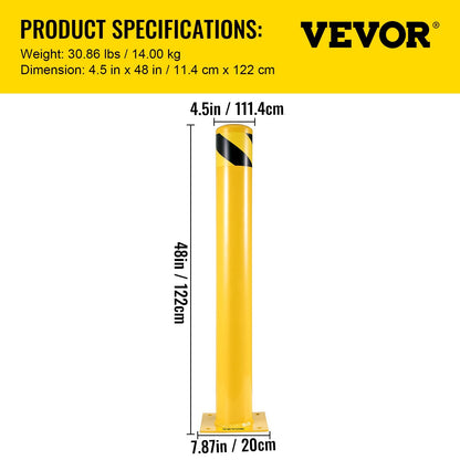 Yellow Steel Safety Bollard, 1.22m Height, 11cm Diameter, with Anchor Bolts
