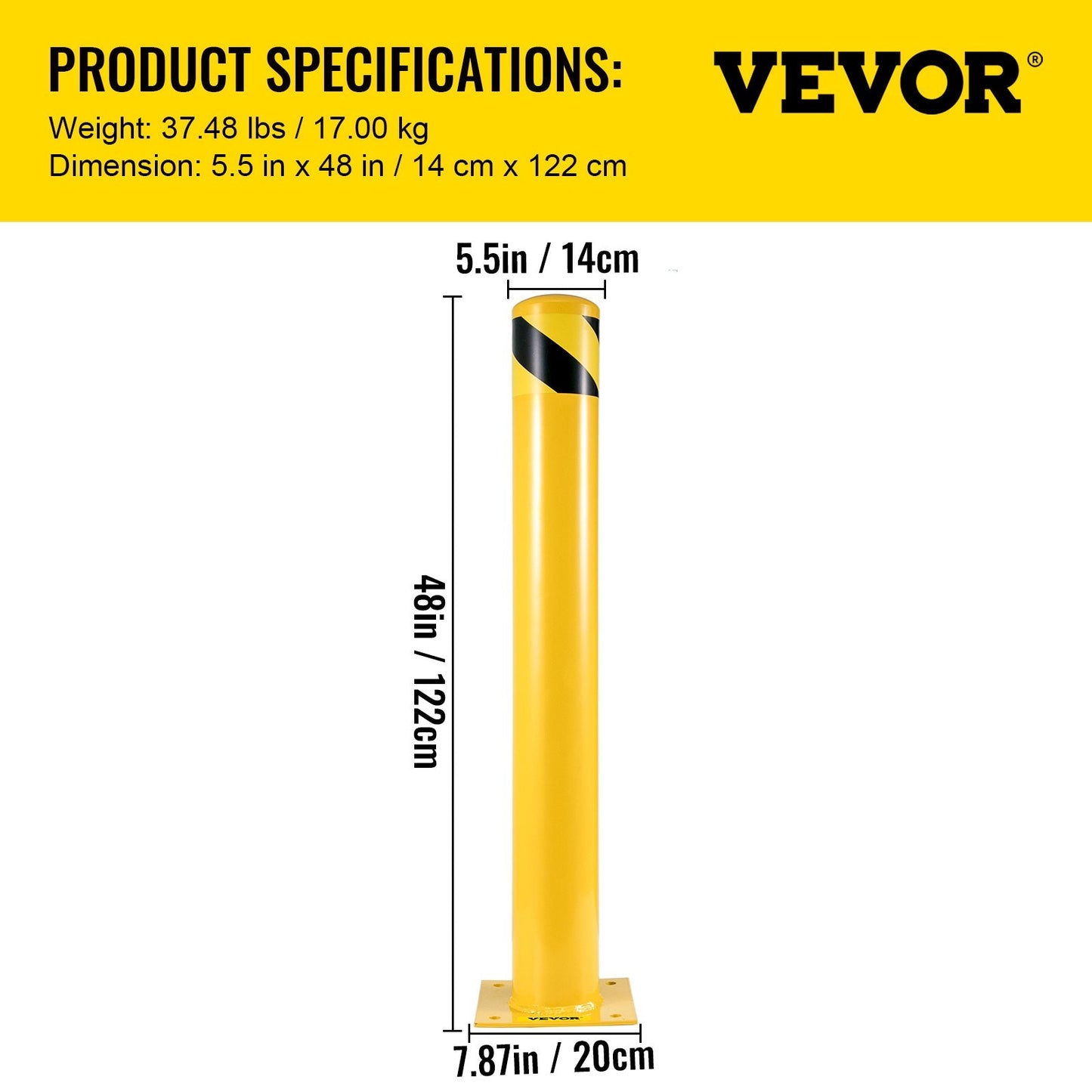 Heavy-Duty Yellow Steel Bollard, 1.22m x 0.14m for Traffic Safety, Set of 2