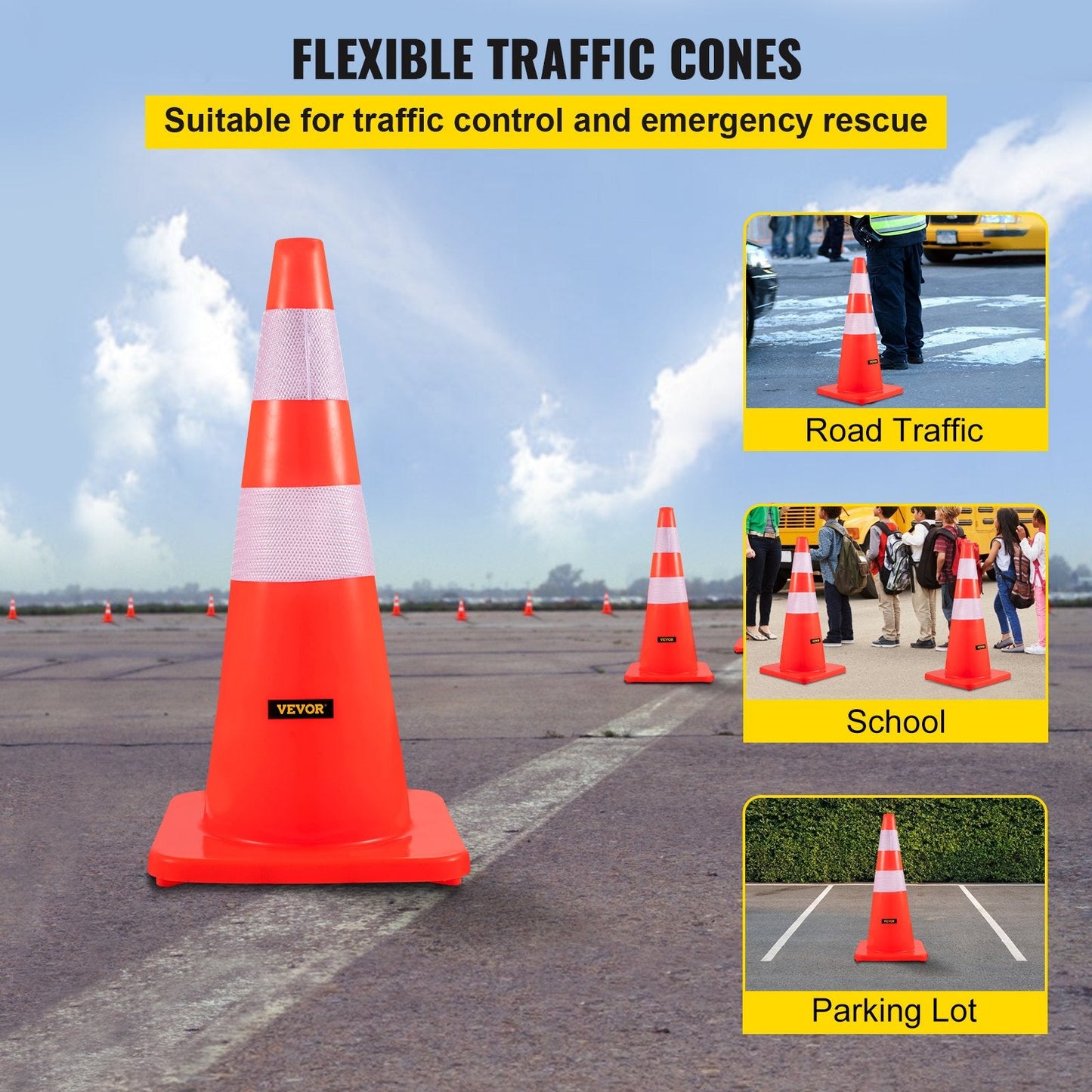 28" PVC Orange Traffic Cones with Reflective Collars, Set of 10 for Safety Use
