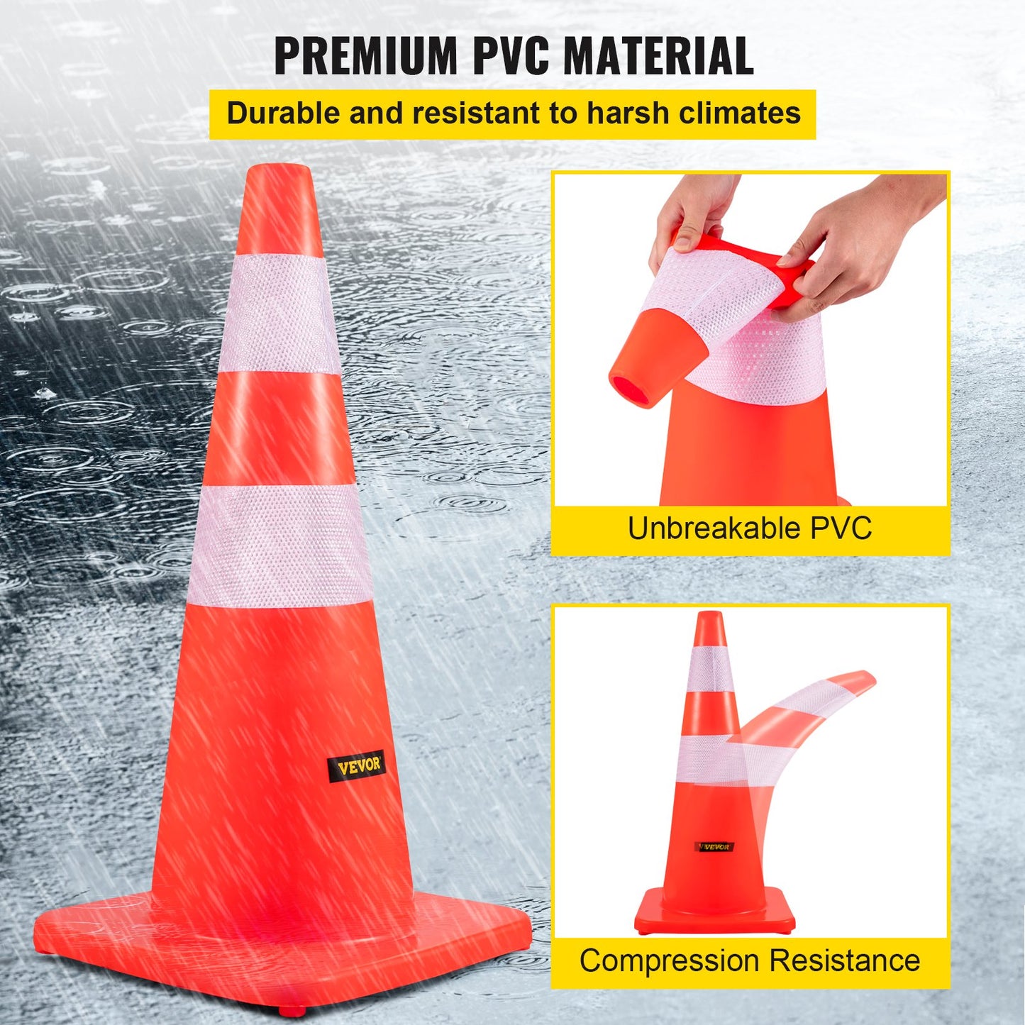 VEVOR Safety Cones, 28 in/73 cm Height, 10 PCS PVC Orange Traffic Cone with 2 Reflective