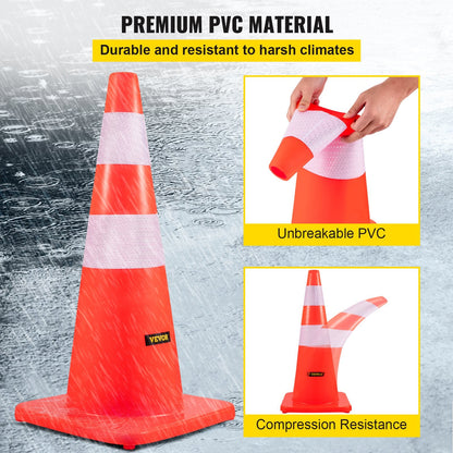 28" PVC Orange Traffic Cones with Reflective Collars, Set of 10 for Safety Use