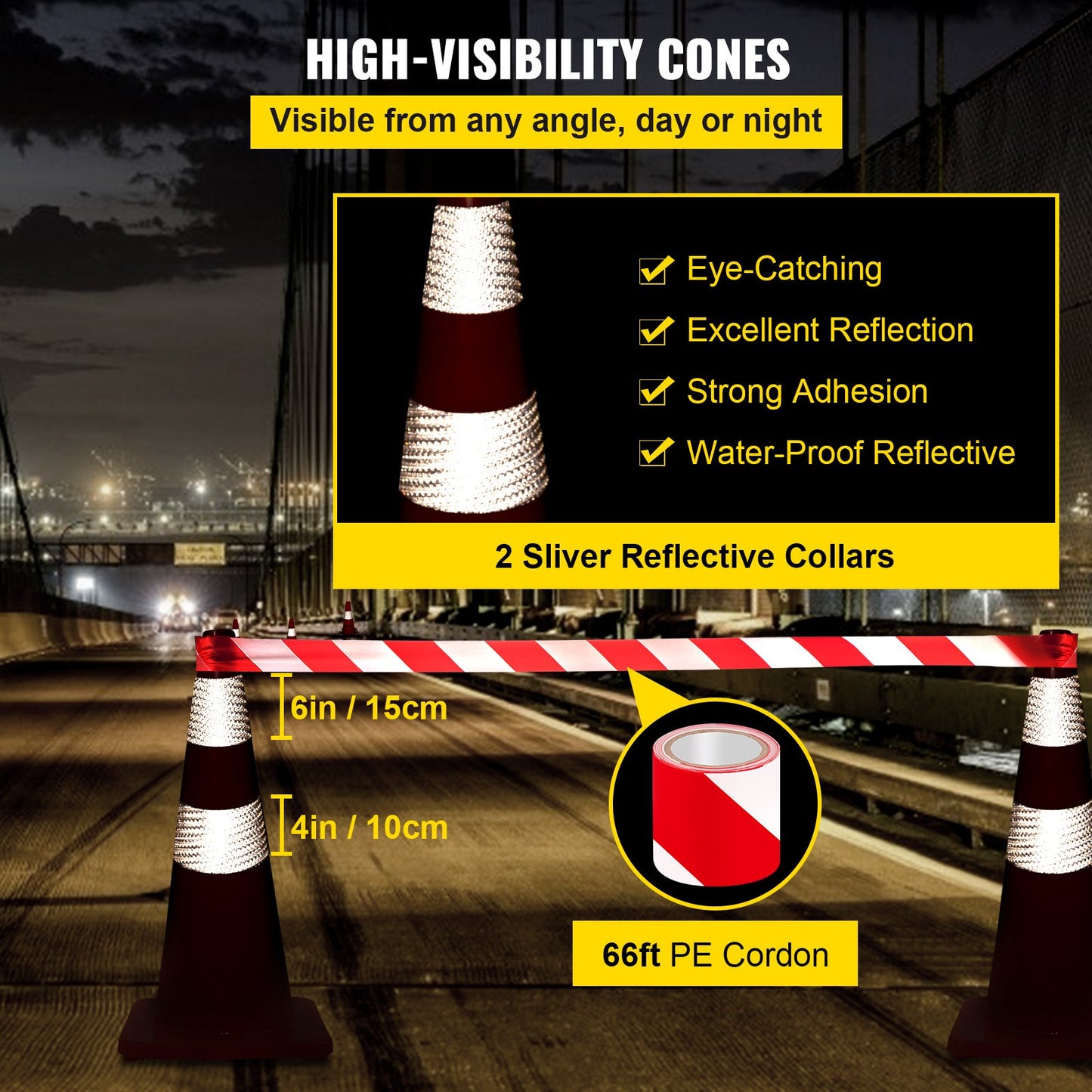VEVOR Safety Cones, 28 in/73 cm Height, 10 PCS PVC Orange Traffic Cone with 2 Reflective