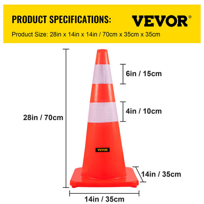 VEVOR Safety Cones, 28 in/73 cm Height, 10 PCS PVC Orange Traffic Cone with 2 Reflective