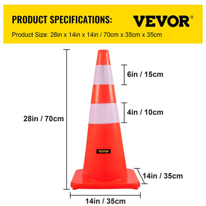 28" PVC Orange Traffic Cones with Reflective Collars, Set of 10 for Safety Use