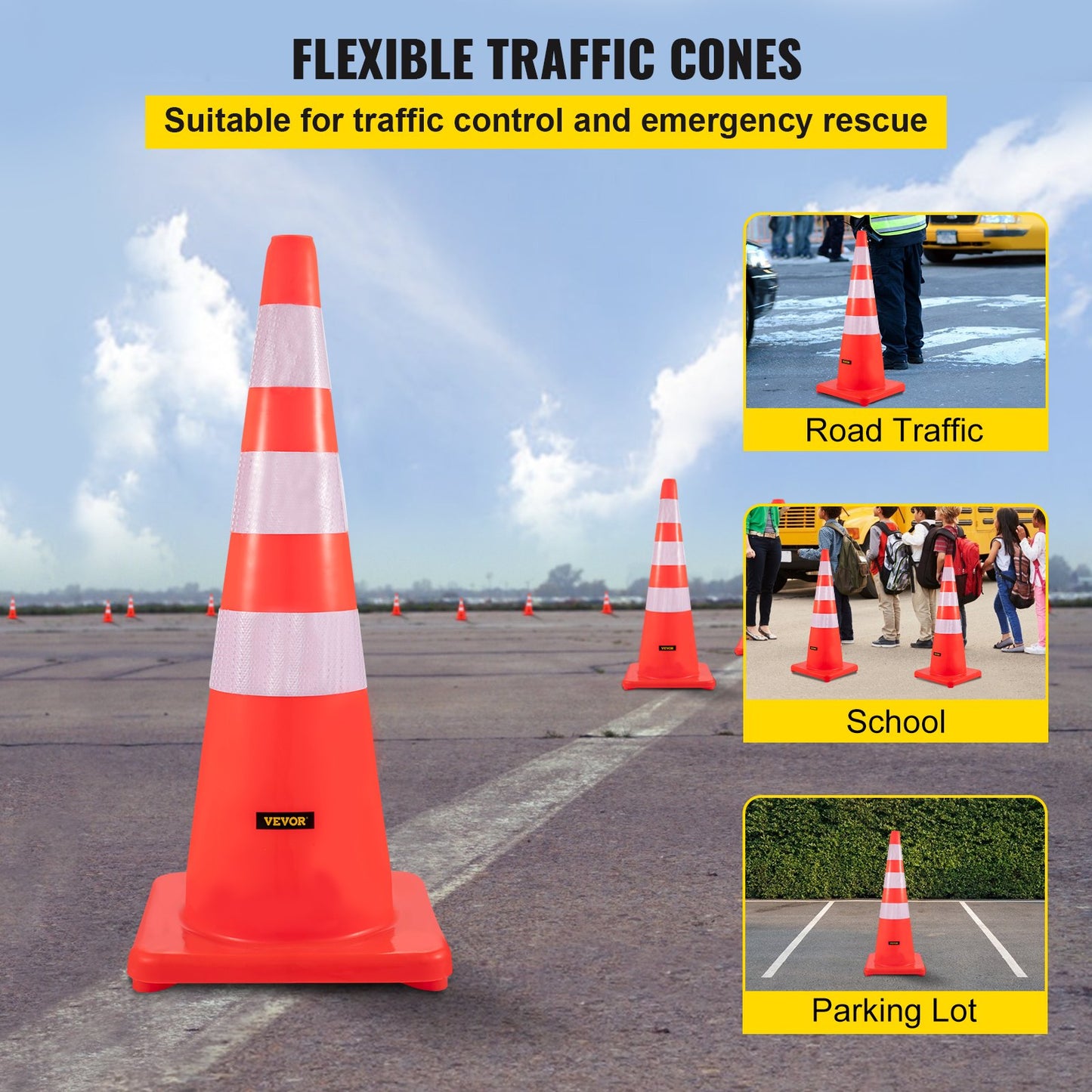 VEVOR Safety Cones, 6" x 36" Traffic Cones, PVC Orange Construction Cones, Reflective