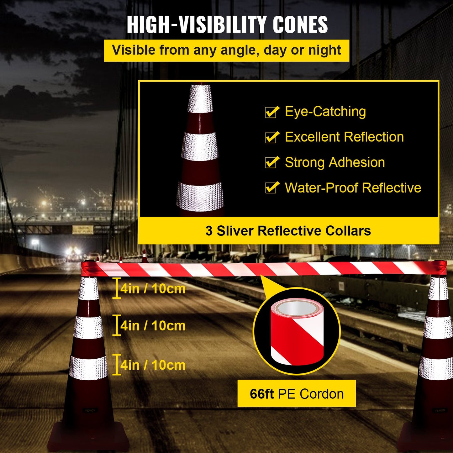 VEVOR Safety Cones, 6" x 36" Traffic Cones, PVC Orange Construction Cones, Reflective