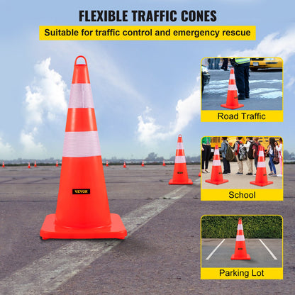 VEVOR Safety Cones, 10PCS 28\" Traffic Cones, PVC Orange Construction Cones, 2 Reflective