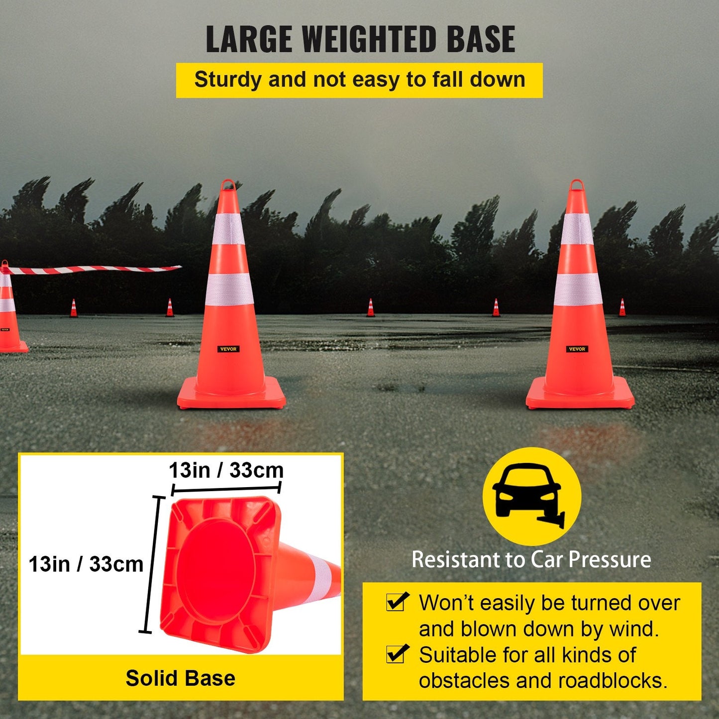 Set of 10 Orange PVC Traffic Cones with Reflective Collars & Weighted Base