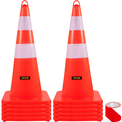 Set of 10 Orange PVC Traffic Cones with Reflective Collars & Weighted Base