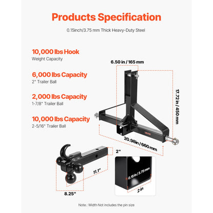 VEVOR 3 Point 2 in Trailer Hitch Receiver Tractor Drawbar Adapter Heavy Duty