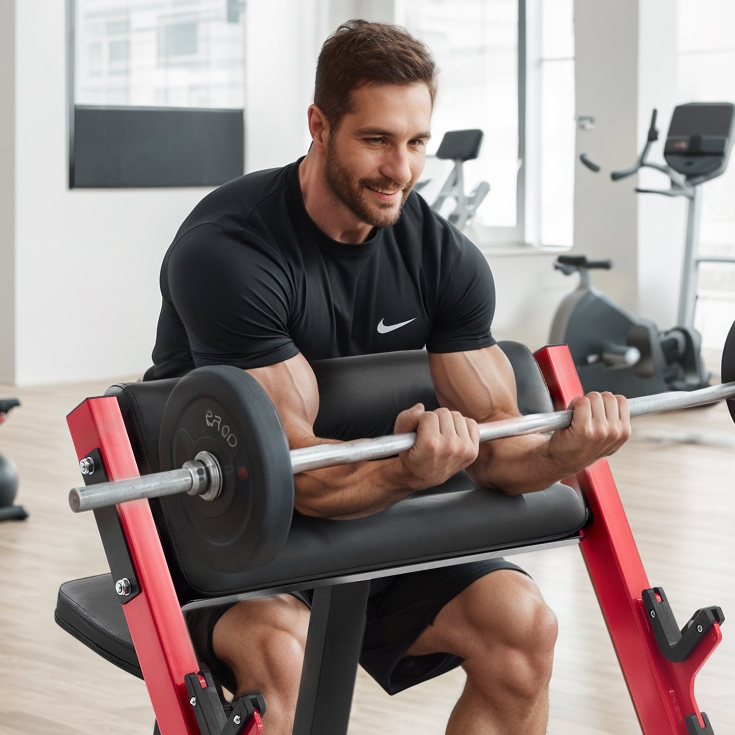 Preacher Curl Bench, Strength Training Benches, Max load 660 LBS Home Gym Fitness Equipment, Seated Arm Isolated Barbell Dumbbell Bicep Station, Adjustable Weight Bench with Bar Holders