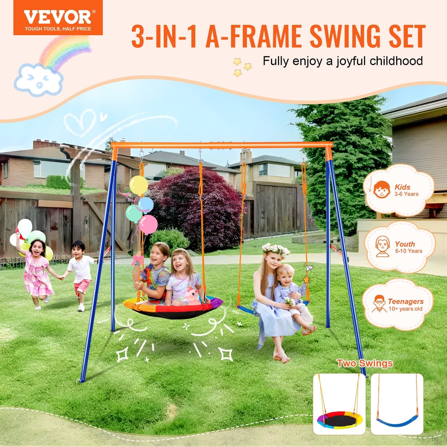 Backyard Swing Set with Saucer & Belt Seat, A-Frame Metal Stand, 199 kg Capacity