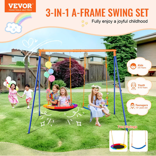 Heavy-duty steel A-frame structure and ground stakes provide stable outdoor swinging support
