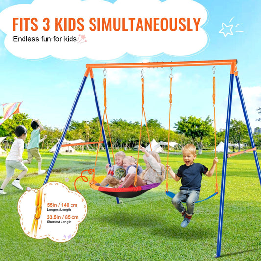 Backyard Swing Set with Saucer & Belt Seat, A-Frame Metal Stand, 199 kg Capacity