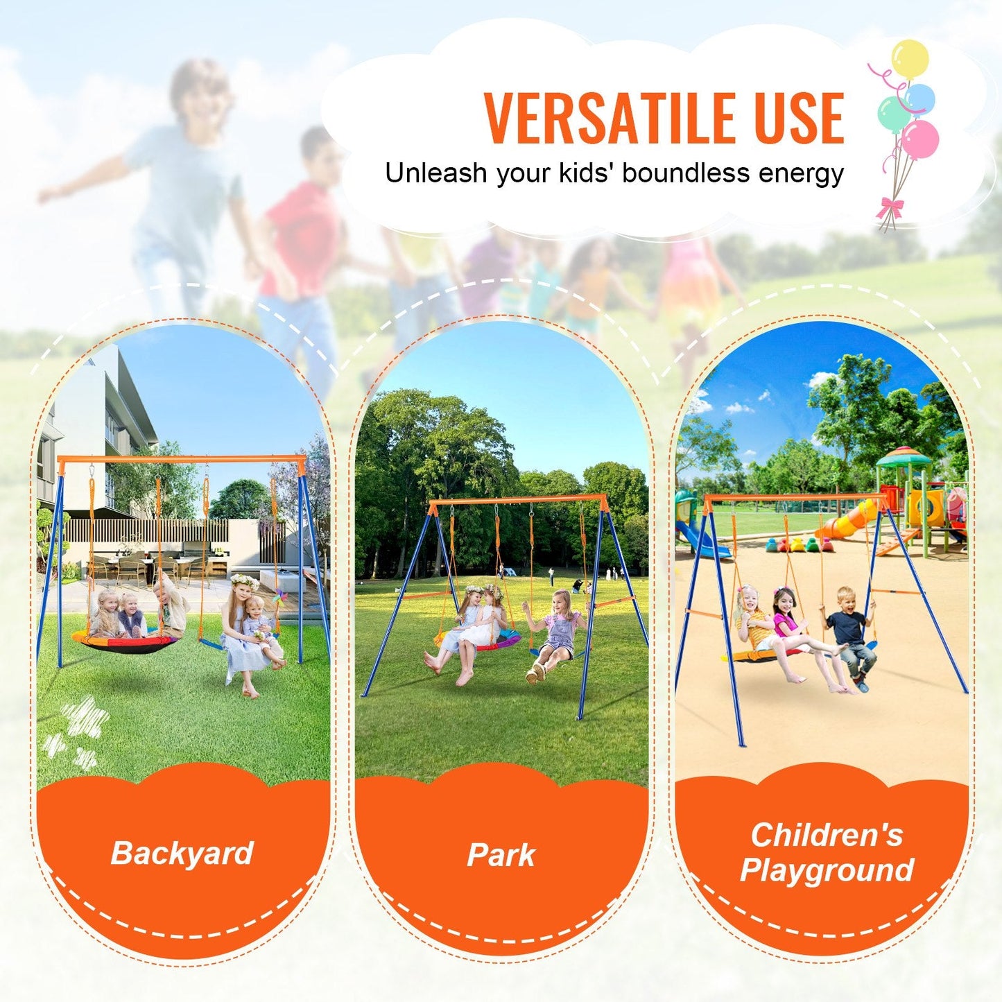 Backyard Swing Set with Saucer & Belt Seat, A-Frame Metal Stand, 199 kg Capacity