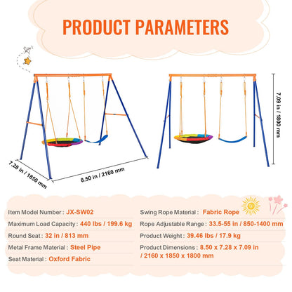 Backyard Swing Set with Saucer & Belt Seat, A-Frame Metal Stand, 199 kg Capacity