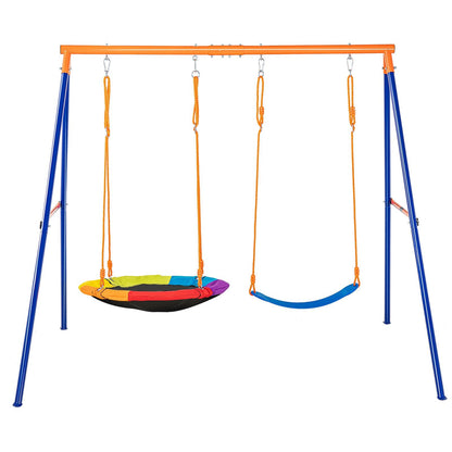 Backyard Swing Set with Saucer & Belt Seat, A-Frame Metal Stand, 199 kg Capacity