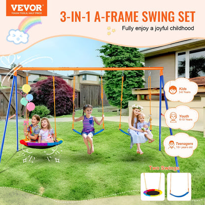 Backyard Metal Swing Set with Saucer & Belt Seats, 272 kg Capacity, 0.85-1.4 m Rope
