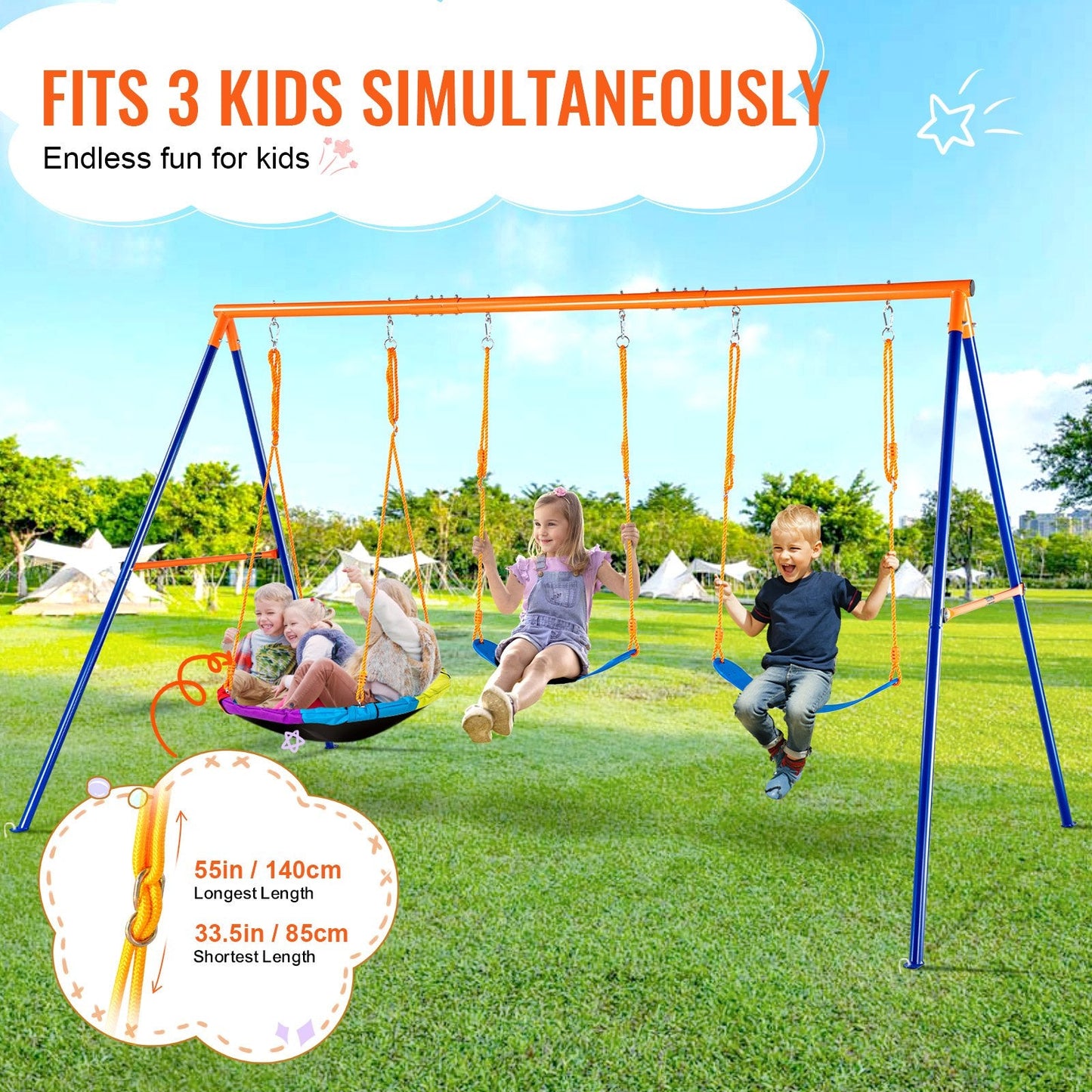 Backyard Metal Swing Set with Saucer & Belt Seats, 272 kg Capacity, 0.85-1.4 m Rope
