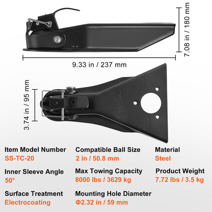 VEVOR A-Frame Trailer Coupler, Fits 2-Inch Hitch Ball Size, 8000 lbs Towing Capacity,